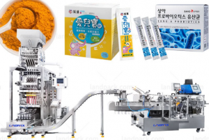 خط إنتاج تعبئة مسحوق الأدوية في أكياس متعددة الفتحات مع آلة الكرتنة بشكل آلي