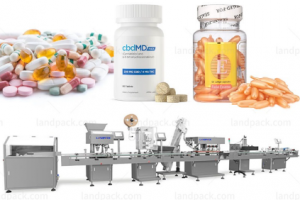 خط ماكينة عد وتعبئة الأقراص، الحبوب، والكبسولات في الزجاجات مع عملية التغطية ووضع العلامات أوتوماتيكيًا